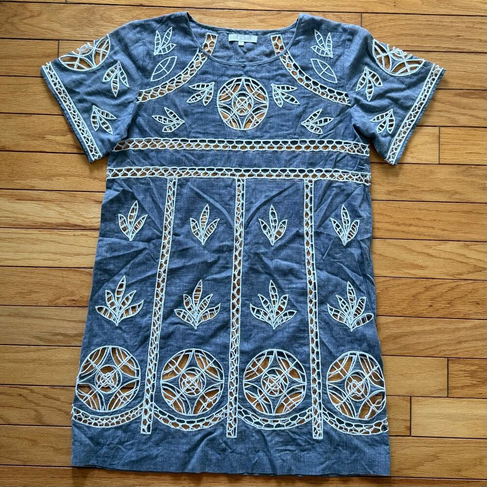 San & Soni  Anthropologie Blue Embroidered Cutout Dress Swim coverup  Medium
